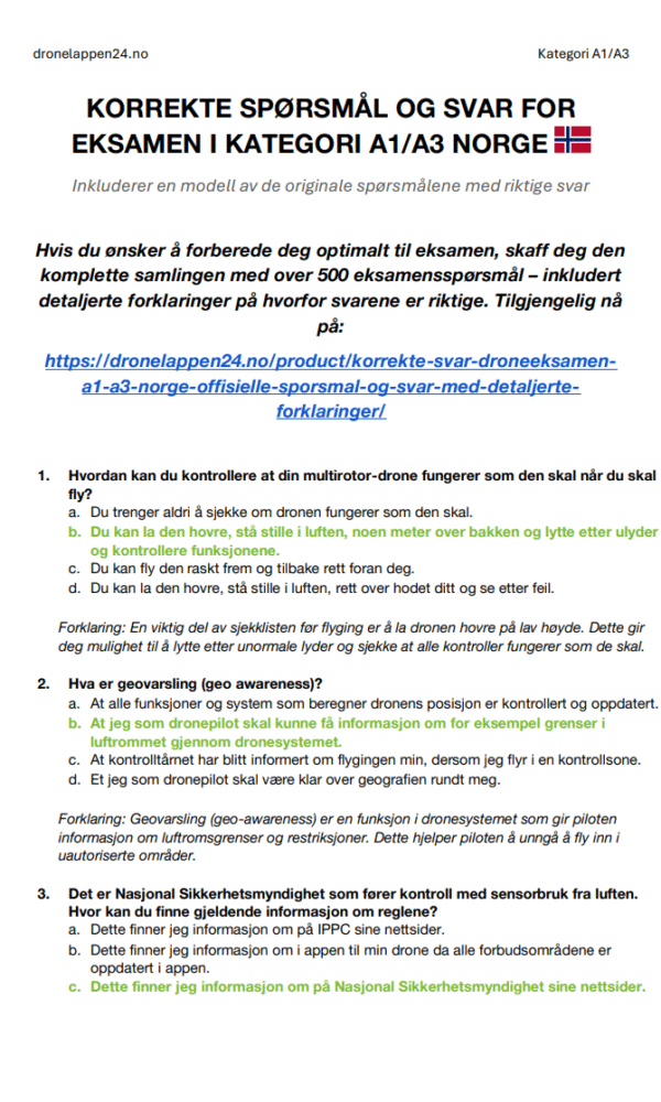 Korrekte Svar Droneeksamen A1/A3 Norge – Offisielle Spørsmål og Svar med Detaljerte Forklaringer - Bilde 2