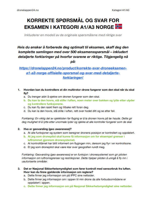 Korrekte Svar Droneeksamen A1/A3 Norge – Offisielle Spørsmål og Svar med Detaljerte Forklaringer