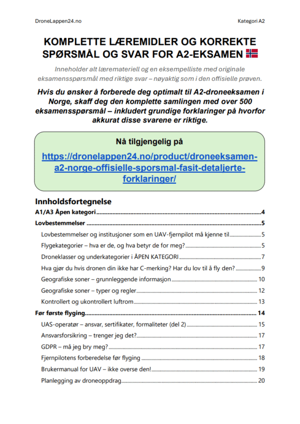 Droneeksamen A2 Norge – Offisielle Spørsmål, Fasit & Detaljerte Forklaringer