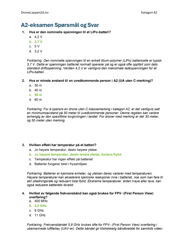 Droneeksamen A2 Norge – Offisielle Spørsmål, Fasit & Detaljerte Forklaringer